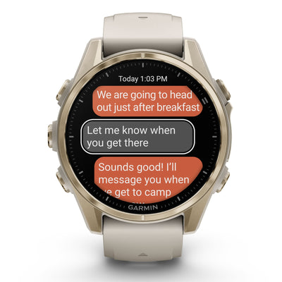 Garmin Fenix 8 Sapphire - 43 mm / AMOLED -  Soft Gold met Fog grey/dark sandstone siliconen band - Premium multisport horloge