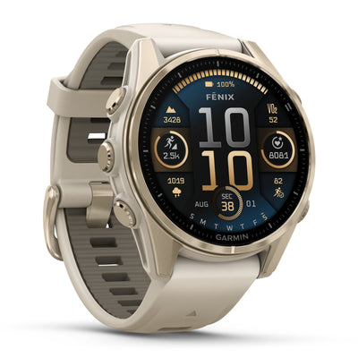 Garmin Fenix ​​​​8 Sapphire – 43 mm / AMOLED – Soft Gold mit nebelgrauem/dunklem Sandstein-Silikonarmband – Premium-Multisportuhr