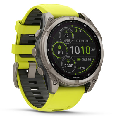 Garmin Fenix 8 Sapphire Solar - 47 mm & 51 mm - Titanium met Amp Yellow/graphite siliconen band - Premium multisport horloge