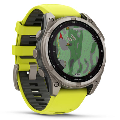 Garmin Fenix ​​​​8 Sapphire Solar – 47 mm &amp; 51 mm – Titan mit Amp-Gelb/Graphit-Silikonarmband – Premium-Multisportuhr