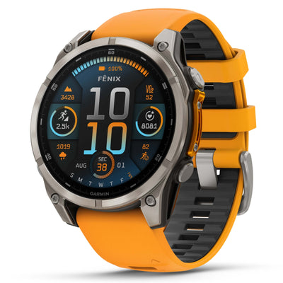 Garmin Fenix ​​​​8 Sapphire – 47 mm &amp; 51 mm / AMOLED – Titan mit Spark-orangefarbenem Silikonarmband – Premium-Multisportuhr