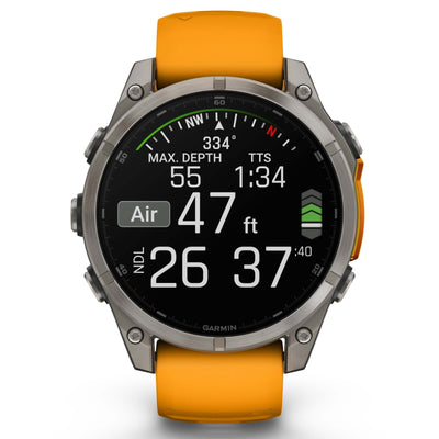 Garmin Fenix ​​​​8 Sapphire – 47 mm &amp; 51 mm / AMOLED – Titan mit Spark-orangefarbenem Silikonarmband – Premium-Multisportuhr