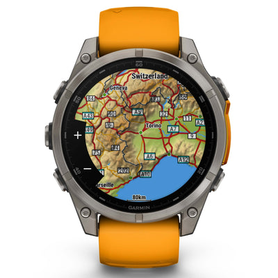 Garmin Fenix ​​​​8 Sapphire - 47 mm &amp; 51 mm / AMOLED - Titane avec bracelet en silicone orange Spark - Montre multisport premium