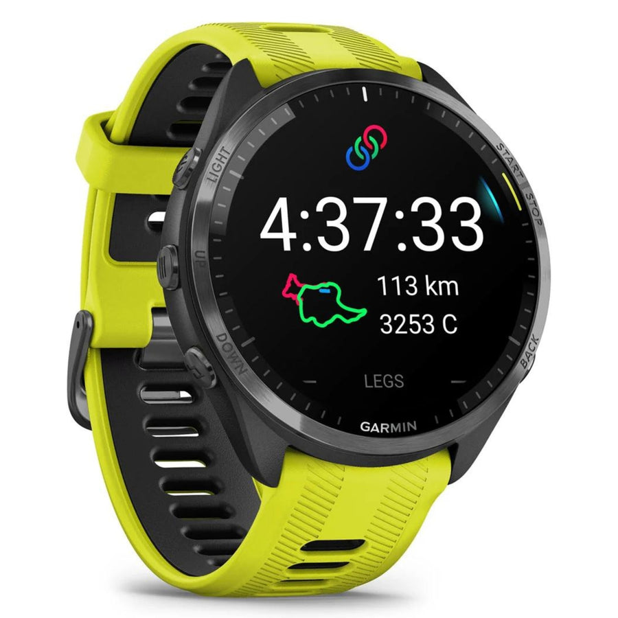 Garmin Forerunner 965 Noir avec bracelet en silicone jaune-noir - 47 mm - Montre de course et multisports premium