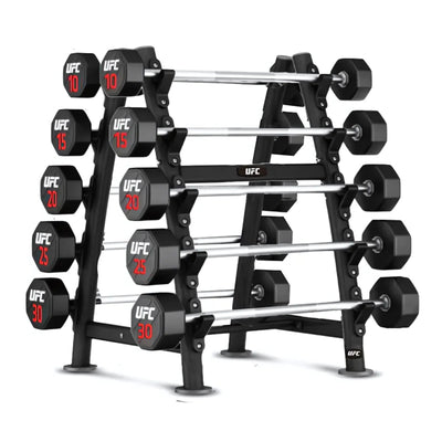 UFC barbell rack met 10 stuks rechte premium urethane halterstangen - 10-45 kg