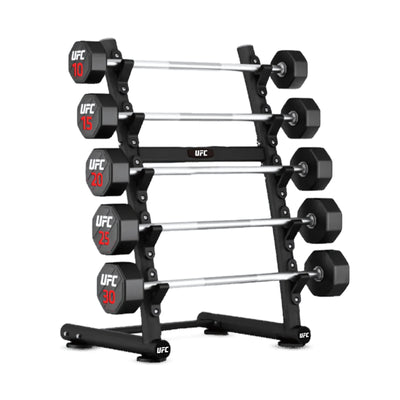 UFC verticaal barbell rack met 5 stuks rechte premium urethane halterstangen - 10-20 kg