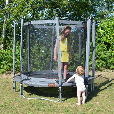 Trampoline en saillie Avyna Pro-Line rond (Ø200 cm) avec filet de sécurité - gris - avec housse offerte