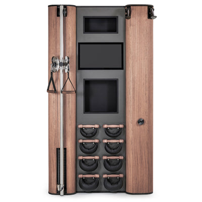 NOHRD Compact Wall Vintage Oak – Trainingsstation mit interaktivem Touchscreen, SlimBeam, SkiErg und SwingBells – gebeizte Eiche